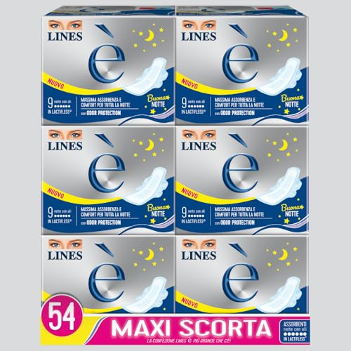 Assorbenti LINES È NOTTE con ali x54 pezzi per ciclo mestruale | l'unico assorbente con struttura in Lactifless, Assorbenza e comfort per tutta la notte, con Odor Protection