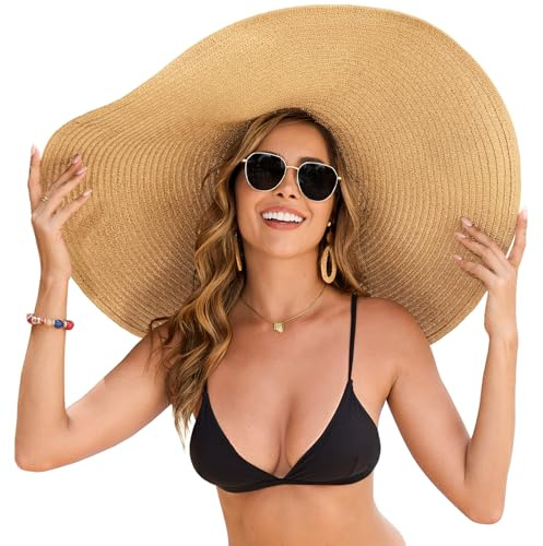 XquiziFit Oversized Beach Hat for Women Wide Brim Straw Sun Hat UPF 50+ UV Protection Foldable Packable Travel Vacation Pool Outdoor