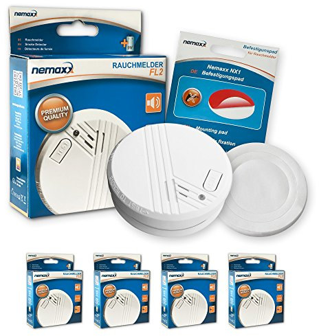 4X Nemaxx FL2 Rauchmelder - hochwertiger Rauchwarnmelder nach EN 14604 mit sensibler fotoelektrischer Technologie + 4X Nemaxx NX1 Befestigungspad