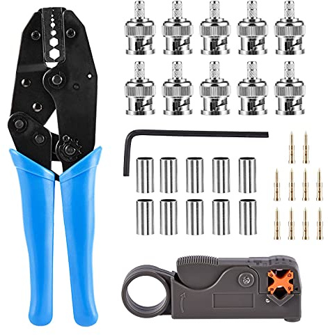 KingBra 1Set Coax RF/BNC Crimp Tool, Rotary Coaxial Cable Stripper for RG58 with 10pcs BNC Plug Crimp Connector Set