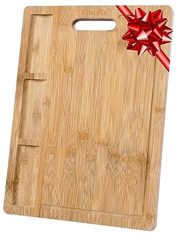 BlauKe® Planche à Découper en Bambou avec Rigole et Compartiments Récupérateurs (Grande 43x32cm) – Planche en Bois Épaisse pour Viande Pain Fromage Légumes – Billot de Boucher, Plateau Apéritif