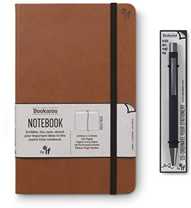 IF Bookaroo Classic Ruled Notebook & Pen Set, Brown with Contrasting Black Elastic Closure, Ribbon and Pen, Hard Cover with Soft PU, A5 21.5 x 13.5cm, 192 Pages. Metal Ballpoint Pen with Black Ink