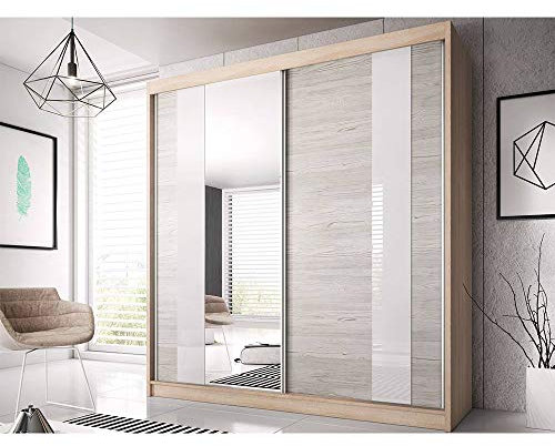 MOEBLO Kleiderschrank Schwebetürenschrank mit Spiegel 2-türig Schrank mit vielen Einlegeböden und Kleiderstange Gaderobe Schiebtüren BxHxT 183x218x61 - Ben 32 (Sonoma Eiche)