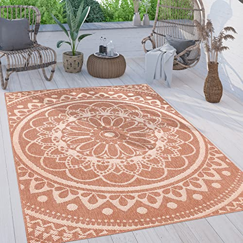 Paco Home Outdoor Teppich wetterfest & robust modernes Mandala & Boho Design pflegeleicht & flachgewebt für Balkon, Terrasse, Garten, Wohnzimmer & Küche Ethno Mandala, Grösse:120x160 cm, Farbe:Apricot
