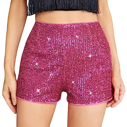 PengFaXin Damen-Shorts mit Pailletten, hohe elastische Taille, einfarbig, glitzernd, Party-Shorts, rose, S
