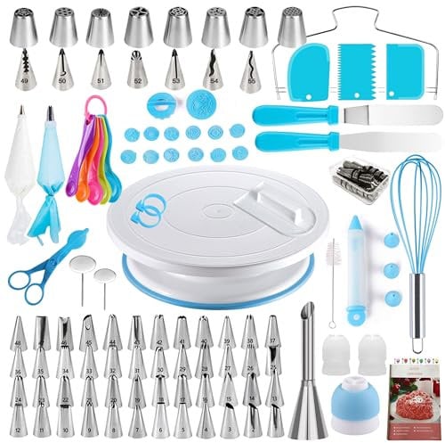 Cake Decorating Kit, 137pcs Cake Decorating Supplies with Cake Turntable for Decorating, Pastry Piping Bag, Russian Piping Tips Baking Tools, Cake Baking Supplies for Beginners (Blue)