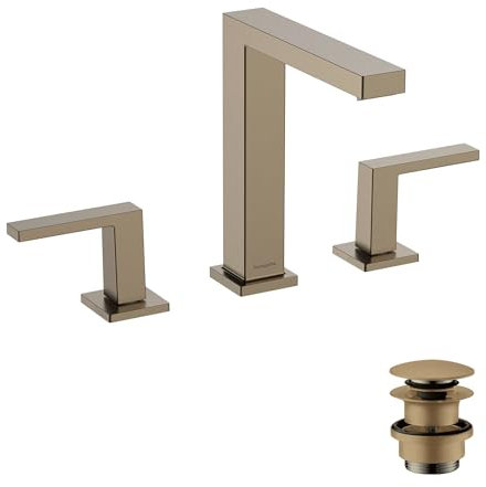 hansgrohe Tecturis E - 2-Loch Waschtischarmatur mit Push-Open Ablauf, Wasserhahn Bad mit Auslauf Höhe 173 mm, Mischbatterie Waschbecken wassersparend (EcoSmart+), Brushed Bronze, 73030140