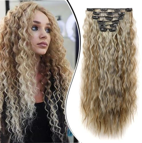 Dcbaboo Clip in Extensions Haarteil Haarverlängerung Gewellte 6PCS 50cm Extensions Clip in Hair Extensions wie Echthaar Günstig Haarextension Synthetik Locken Lange, Hellbraun/Blond