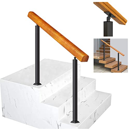 Main Courante d'escalier pour Marche intérieure/extérieure, 1 Marche, Rampe d'escalier en Fer forgé pour intérieur ou extérieur, Main Courante de sécurité en Bois sur Pied pour Maison, Jardin, lofts,