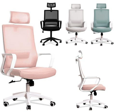 JUPPLIES Silla Escritorio Ergonomica - Silla Oficina Ajustable y Reclinable con Soporte Lumbar, Reposacabezas Ajustable, Malla Transpirable, Ruedas Giratorias 360° Soporta hasta 100kg (Rosa)