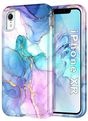 Petocase for iPhone XR Case 6.1 inch (2018), Marble Pattern 3 in 1 Heavy Duty Shockproof Full Body Hard PC+Soft Silicone Drop Protective Women Girls Cover for iPhone XR, Blue Pink