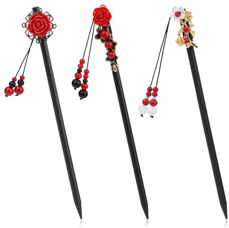3 Pcs Wooden Hair Chopsticks Chinese Hair Sticks for Women Retro Wooden Hairpins Japanese Floral Hair Sticks Vintage Tassel Flower Hairpins Wooden Hair Accessories for Women Girls