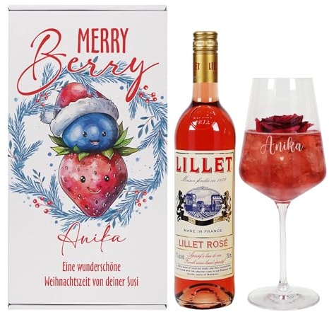 Herz & Heim® Geschenkset für verschiedene Anlässe mit graviertem Weinglas, 1 Flasche Lillet und Geschenkbox (Rosé - Merry Berry)