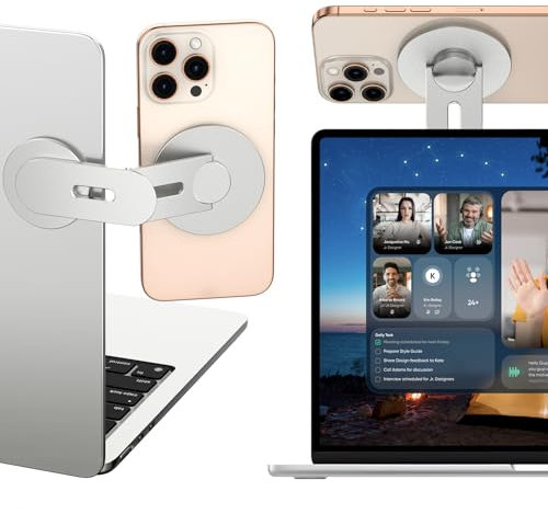 ALAFLY Magnetic Laptop Phone Holder Compatible with MagSafe iPhone/Samsung, 110° Foldable & 180° Adjustable Side Phone Mount for Computer/Tesla/Monitor/All Phones, Silver