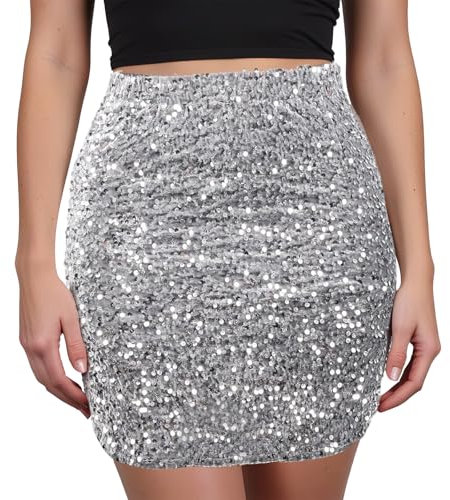 Sahunfri Pailettenrock für Damen, Hohe Elastische Taille A-Linie Hip Glitzer Rock mit Futter für Festival Rave Party, Tanz (DE/NL/SE/PL, Alphanumerisch, M, Regular, Regular, Silbergrau)