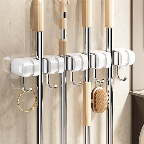 CWOVRS Broom Mop Holder Wall Mounted, Heavy Duty Broom Storage with 4 Slot 5 Hooks, Utility Room Storage Solutions for Broom Cupboard Kitchen Bathroom Garage & Garden Tool Organiser, 1 Pack, White
