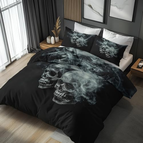 Generisch Bettwäsche 200x200 Totenkopf, Gothic Skull Bettbezug 200x200 3 Teilig, Weich mikrofaser Bettwäsche Set mit Reißverschluss und 2 Kissenbezüge 80x80cm, Schlafzimmer Deko Totenkopf