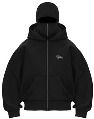Generisch Zipper Hoodie Damen Y2K Kapuzenpullover Sweatshirt Mit Sturmhaube Sweatjacke Oversized Mask Jacke Mit Doppel Kapuze Hoodie Mit Fleece Winddichte Übergangsjacke Winter Motor Kapuzenjacke