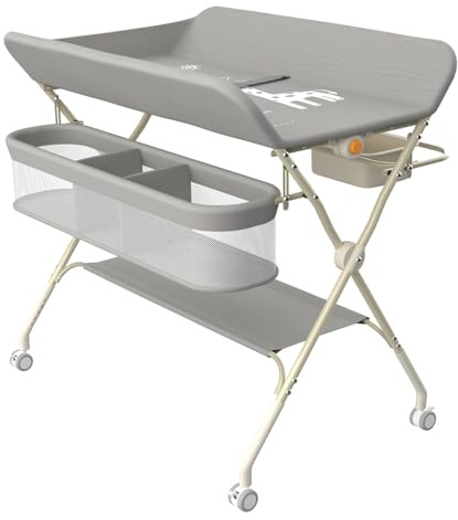 Belfoyer Klappbarer Wickeltisch Baby Höhenverstellbar – Mobile Wickelkommode mit Ablagekörben, Sicherheitsgurt & Feststellrollen, Ergonomische & Kompakte Changing Station (75×68×83-91 cm，Grau)