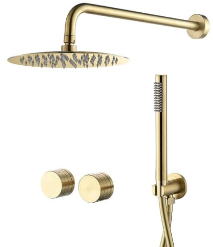 Sailainuo Brushed Gold Brass Concealed Shower Mixer Set | Bathroom 12 Inch Rainfall Shower Head, Round Handle Handheld, 2 Function Valve System Kit