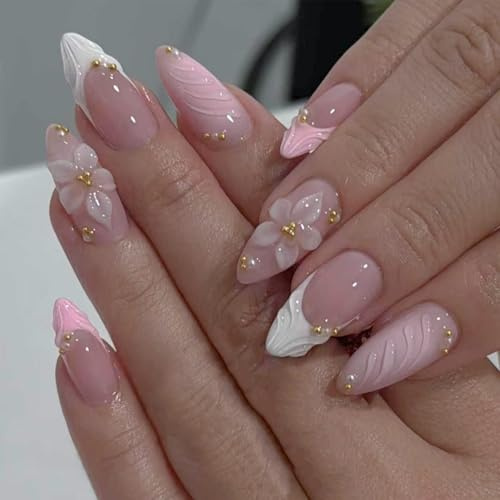 24PCS Pink Almond French Tip Press On Nails - Medium 3D Embossed Flower Design & Gold Bead Detail Glossy Acrylic Full Cover for Bridal Shower, Date Night and Elegant Occasions