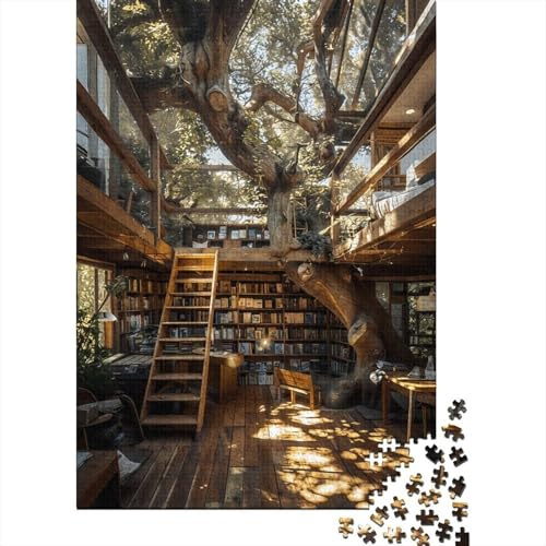 Baumhaus Bibliothek Herausforderndes Nachhaltiges Puzzle Hoher Schwierigkeitsgrad Einzigartiges Baumhaus Wald für Erwachsene Bildende Spiele 52x38cm/1000Stk