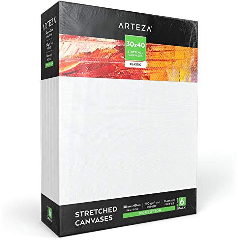 Arteza Chassis Entoilé À Peindre – 6 Toiles Coton de 30x40 cm/Cadre de Toile Blanche Enduit Grand Format/Peinture à Huile/Gouache/Acrylique/Materiel Art et Dessin