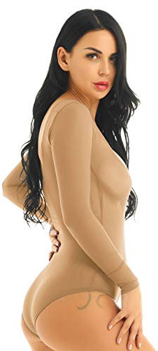 CHICTRY Damen Body Langarm Bauchtanz Bodysuit Brustfrei sexy durchsichtig Mesh Leotard atmungsaktiv Teddy Unterwäsche Dessous Reizwäsche Nude Einheitsgröße