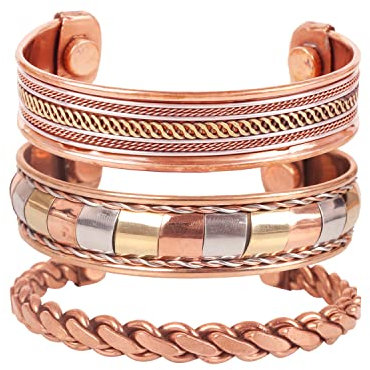 Touchstone Copper Magnetarmband im tibetischen Stil. Handgeschmiedet aus massivem und hochfestem reinem Kupfer. Set von 3 verschiedenen Designs mit 3 Metalltönen.