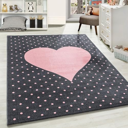 Carpetsale24 Kinderteppich liebevolles Herzmuster Pink und Grau 120 x 170 cm - Kurzflor Teppich Kinderzimmer für Jungen und Mädchen Pflegeleicht Weich - Waschbar Spielteppich Babyzimmer Babyteppich