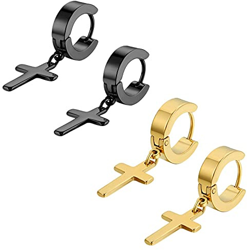 Flongo Acier Inoxydable Clou d'oreille Boucle d'Oreille Clou d'Oreille Argent Noir Doré Ronde Croix Pendentif Rétro Homme Femme