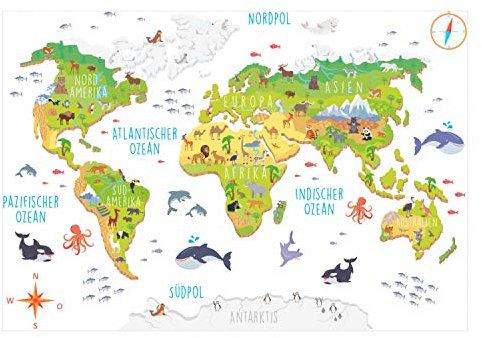 174 Wandtattoo Weltkarte mit Tieren 3D - Kinderzimmer Wanddeko Größe 1500 x 1000 mm
