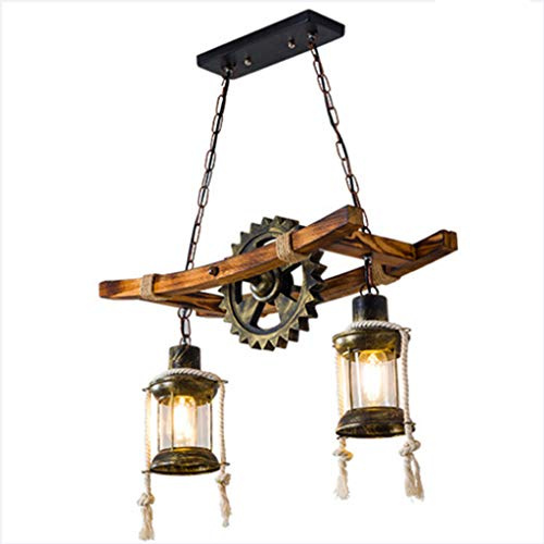 Retro Pendelleuchte Industrielle Loft Bar Hängeleuchte Kreativ Wohnzimmer Holz Metall Schmiedeeisen Gear Pendellampe E27*2 Höhenverstellbar Industrial Hängelampe Für Esszimmer Wohnzimmer Küche Café …