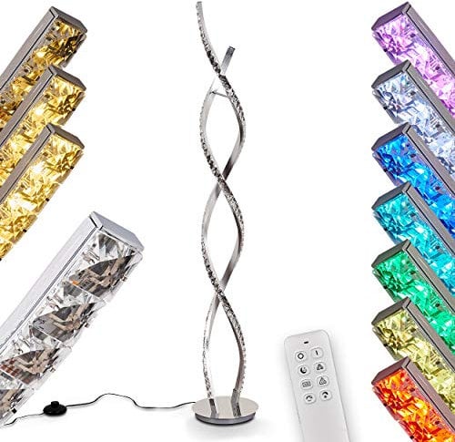 LED Stehleuchte Assuan, moderne Stehlampe aus Aluminium/Kunststoff in Chromfarben/klar, LED 36 Watt, 1400 Lumen, 3000 Kelvin, über Fernbedienung dimmbar, mit Farbwechsler, mit Fußschalter am Kabel