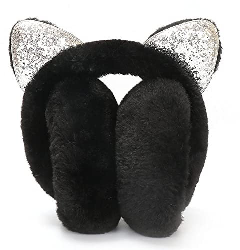 Luoji Ohrenschützer Damen - Warme Ohrenschützer, Winter Plüsch Ohrenschützer, Faltbare Katze Ohr Ohrenschützer Pailletten Katzeohren Ohrenwärmer Winddicht Geschenk