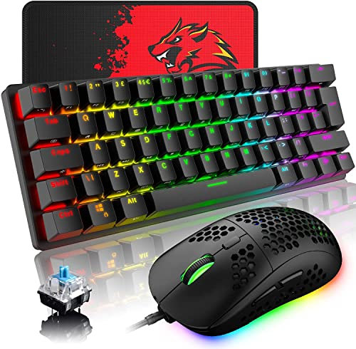 UK Layout Mechanische Spieletastatur RGB 14 Hintergrundbeleuchtungseffekte Mini 62 Tasten Kabel Typ C + Leichtes RGB 6400DPI Wabenmaus + Mauspad Kompatibel mit PS4, Xbox, PC, Laptop, MAC