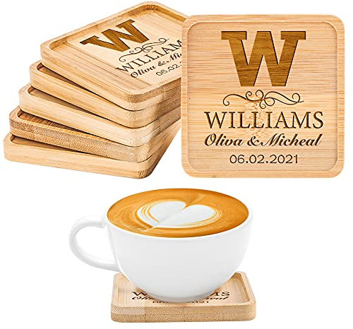Lot de 2/4/6 sous-verres carrés en bois avec gravure personnalisée pour tasse à café, verre à bière, verre à vin à la maison, bar, cadeau pour anniversaire, mariage, Saint-Valentin, date personnalisée