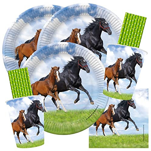 partystrolche/spielum Kit de fête 68 pièces - Cheval et poulain - Assiettes, gobelets, serviettes, pailles - Pour 16 enfants