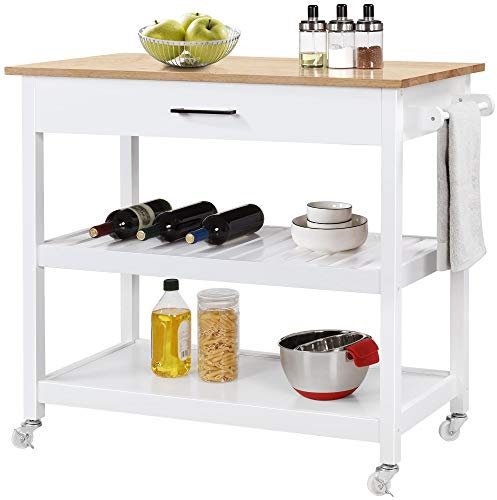 Yaheetech Plan de Travail Desserte sur roulettes Meuble de Cuisine 101 x 51 x 92 cm 2 Roues avec Frein 1 Tiroir 2 Étagères Blanc