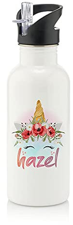 Personalised Unicorn Magicaly Stars Crown Castle Floral Girl ANY NAME Kids Birthday Back To School Stainless Steel 600ml Water Bottle with Straw. (White)
