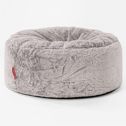 Lounge Pug Flauschiger Sitzsack Pouf 65 cm Rund, Hellgrau Kaninchen Kunstpelzstoff, Bequemer Sitzhocker oder Fußhocker, Sitzpouf
