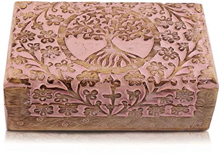 Tolles Geburtstagsgeschenke Handmade dekorative hölzerne Schmuckkiste Baum des Lebens schnitzen Schmuck Organizer Andenkenbox Schatztruhe Schmuckstück Halter Storage Lock Box Housewarming (Pink)