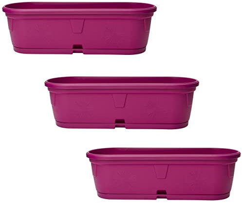 ENGELLAND 3X Pflanzkübel mit Untersetzer für Innen- und Außenbereich wetterfest Dekoration Balkon Büro Pflanzgefäß Blumentopf länglich oval lila Flieder