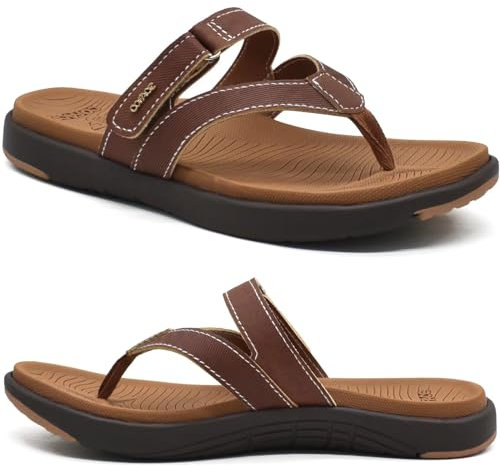 COFACE Flip Flops Damen Mode Orthopädische Leder Stoff Leicht Zehentrenner Frauen Bequem Plantarfasziitis Fußbett Breite Füße Badelatschen Sommer Strand Zehensandalen Rutschfest Gummi Sohle Braun 41