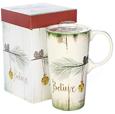 Topadorn Christmas Ceramic Mug Coffee Cup with Sealed Lid Tall Mugs Gift Box for Holiday,17oz. Pine Branch, Believe