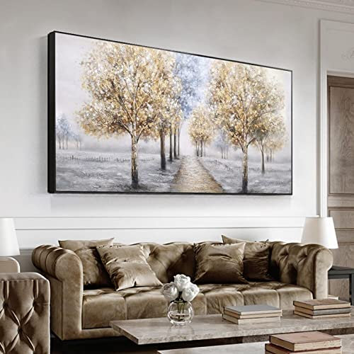Zhaoyang Art Wunderschönes Winterlandschafts-Ölgemälde, Schwarz-Weiß-Wandkunst mit schwarzem Rahmen, große, übergroße Wohnkultur, 140 x 70 cm/55 x 28 Zoll, schwarzer Rahmen