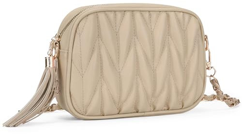 Asvert Damen Umhängetasche, Gesteppte Umhängetasche Handtaschen, Schultertasche Trendy Abendbeutel Leder, Geldbörse mit langkettigem Riemen (Beige)