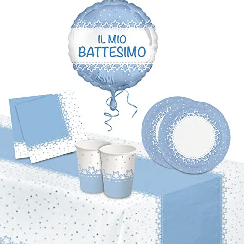 Lage Kit Decorazione Tavola per Festa Bimbo, stoviglie per Battesimo, Compleanno, Comunione, Cresima, Celeste e Bianco, 16 Bicchieri, 16 Piatti, 20 Tovaglioli, 1 Tovaglia e 1 Festone con Bandierine
