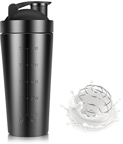 FENGQ Shaker Acciaio Proteine, 750ML Shaker per proteine in acciaio inox, Shaker proteico in acciaio inox, con sfere di agitazione, per Palestra, Allenamento, Fitness, Sport (Nero)