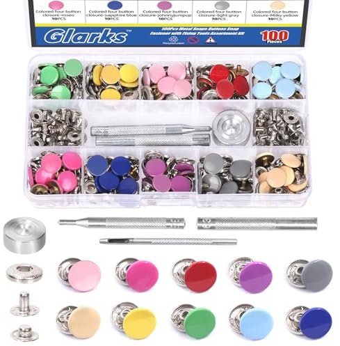 Glarks Lot de 100 boutons-pression en métal avec 4 outils de fixation, 10 couleurs de boutons pression en cuir, outils d'installation pour bricolage, vêtements, sacs, toile, cuir, couture, travaux